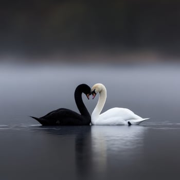 Two swans share a tender moment on a calm lake at dawn photo