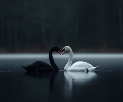 Two swans share a moment of connection on a misty lake at dawn photo