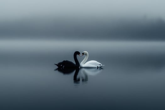 Swans swimming serenely in foggy lake at dawn photo
