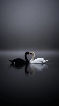 Two swans create a heart shape while floating on a misty lake photo