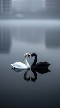 Swans swimming gracefully in a foggy urban landscape at dawn photo