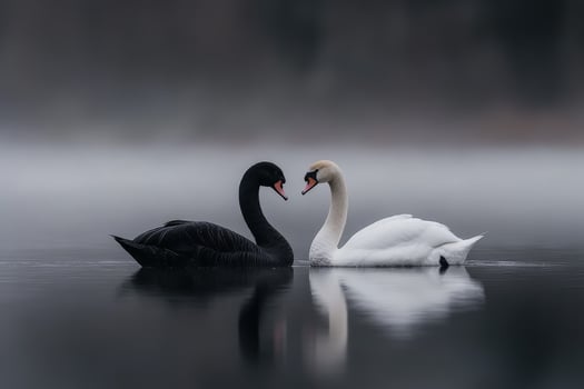Swans and black swan gracefully glide together on a misty lake at dawn photo
