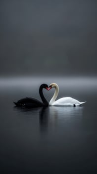 Swans forming a heart shape while swimming in a misty lake at dusk photo