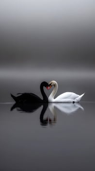 Swans forming a heart shape on a misty lake at dawn photo