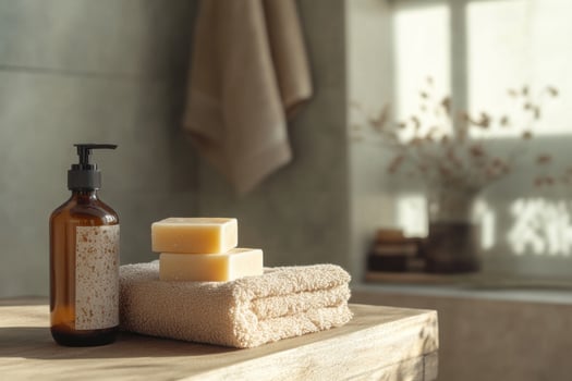 Cosmetic tools such as liquid soap in a bottle, soap bars and towel. Minimalist concept. photo