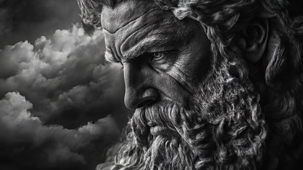 Mythical figure with long hair and beard amid dark clouds photo