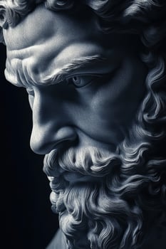 Close-up of an ancient marble sculpture depicting a strong figure with a beard photo