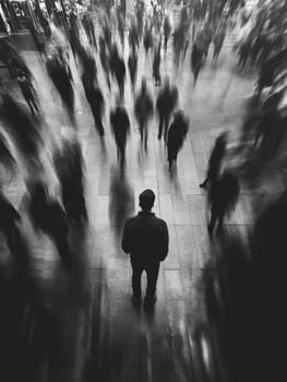 Busy urban station captured in noir style with focused figure amid blur photo