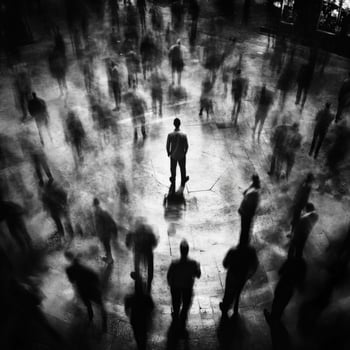 Dark atmosphere surrounds a solitary figure in a bustling crowd photo