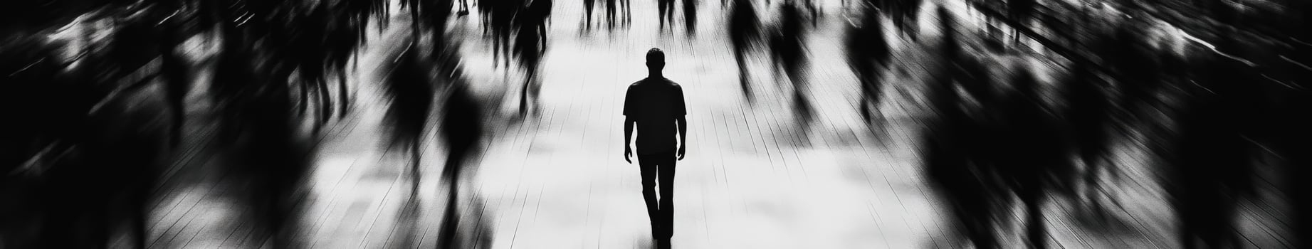Lonely figure walking through the bustling city streets at night photo
