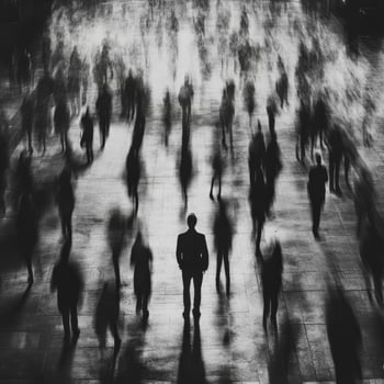 Silhouetted figures in a crowded urban space during evening hours photo