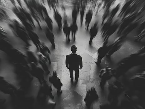 Mysterious figure surrounded by a crowd in a noir-inspired setting photo