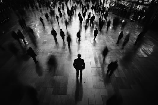 Lonely figure stands amidst blurred crowd in a bustling urban setting photo