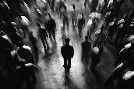 Crowd of People Surrounding a Sole Individual in Noir Style Setting photo