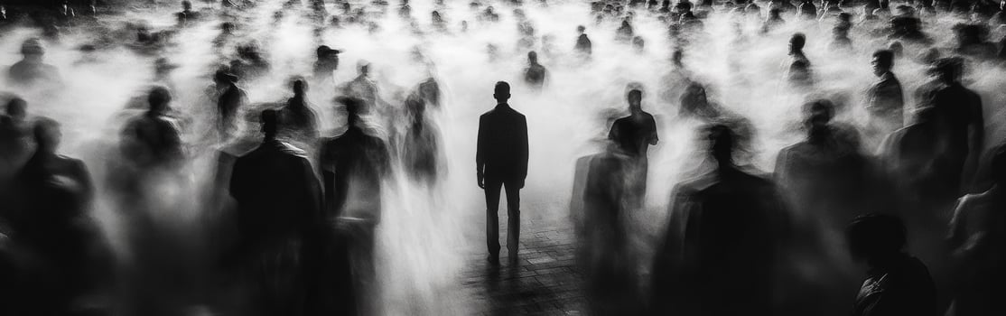 Crowd of indistinct figures in fog with a single man standing alone photo
