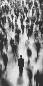 Crowd in motion with a lone figure standing still in a busy urban environment photo