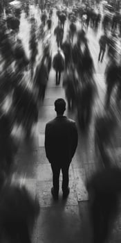 Lonely figure stands still in a busy urban crowd during daylight hours photo