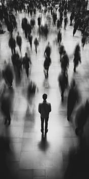 Solitary figure amidst a bustling crowd in a busy urban setting photo
