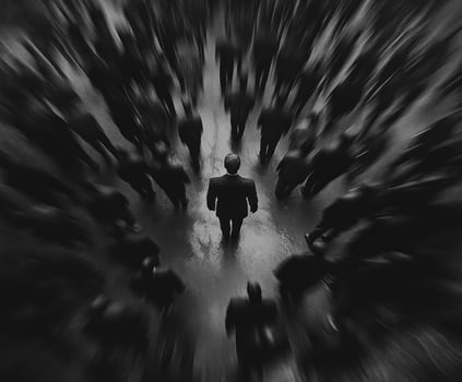 Mysterious figure stands alone in a crowd during a dark, rainy evening photo
