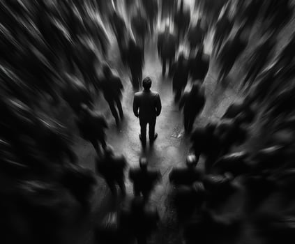 Standing alone in a crowd in black and white during a busy urban moment photo