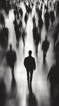 Silhouetted figure walking through busy urban crowd in black and white photo
