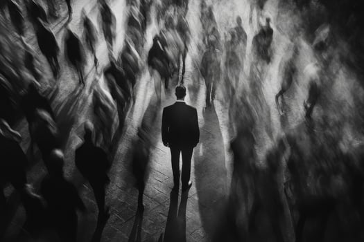 Lonely figure stands amidst a crowd in a dramatic noir setting photo