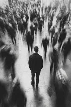 Isolation in a crowd with a noir aesthetic during a busy day photo