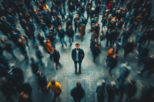 Man standing alone in a bustling crowd during a noir urban evening photo