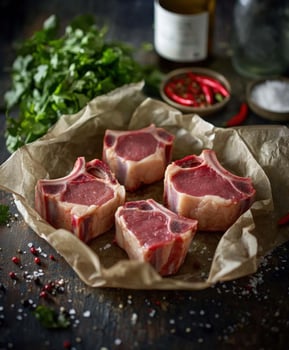 Fresh beef shank pieces surrounded by herbs and spices on a wooden table photo