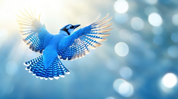 Blue jay gracefully soaring against a bright background in nature photo