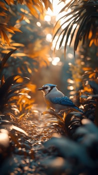 Blue bird perched amid lush foliage under warm sunlight in a serene forest photo