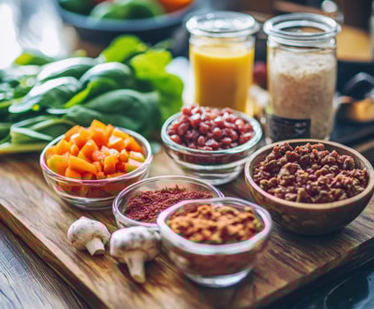 Colorful ingredients arranged on a wooden board for a healthy meal preparation photo