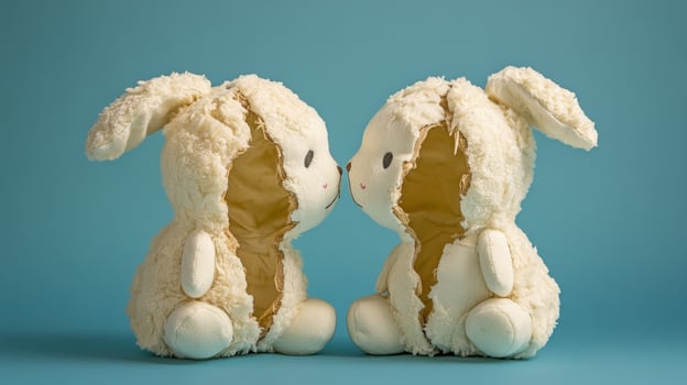Two soft bunny toys facing each other on a blue background photo