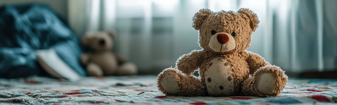 Cozy teddy bears sitting in a warmly lit bedroom during afternoon light photo