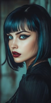 Bold hairstyle and vibrant makeup create striking portrait of young woman photo