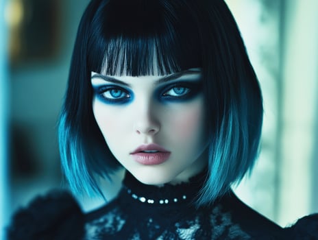 Striking portrait of a young woman with bold makeup and unique hairstyle photo