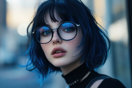Young person with blue hair and glasses poses against urban backdrop photo