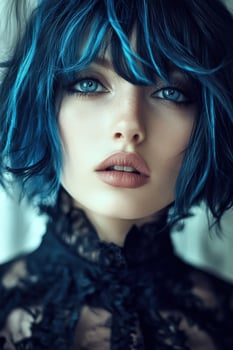Striking portrait of a woman with blue hair and captivating eyes photo