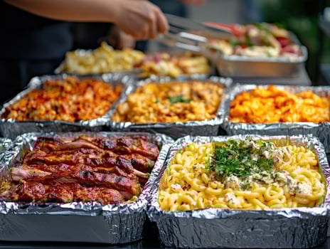 Delicious spread of hearty dishes in foil trays at outdoor gathering photo