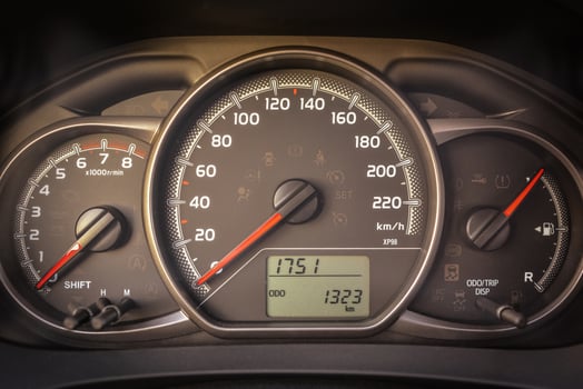 Close up of a car's instrument panel showing speed RPM and odometer readings photo