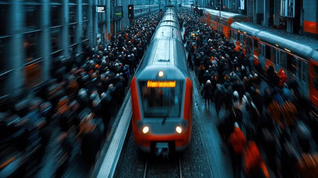 A train is moving through a crowded city photo
