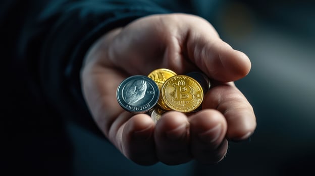 A person holding a handful of coins with a bitcoin in the middle photo
