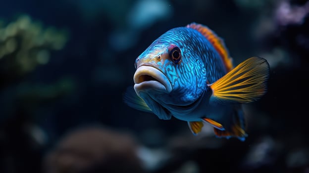 A blue and orange fish is swimming in a tank photo