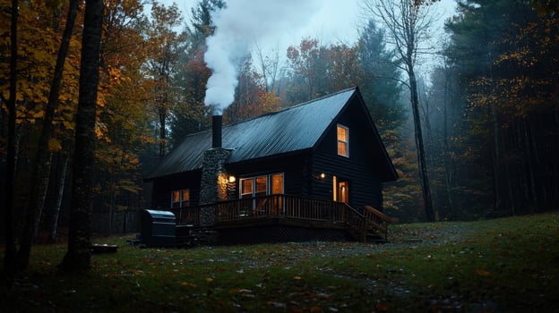 A black cabin in the woods with smoke coming out of the chimney photo
