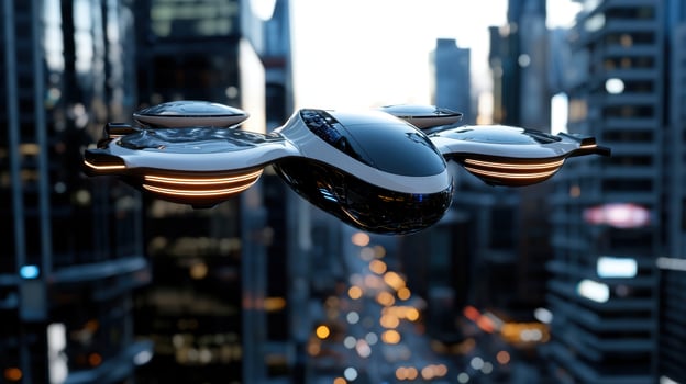 A futuristic flying car in the air over a city photo