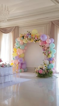 Elegant event decor featuring a pastel balloon arch complemented by flowers in a sophisticated venue setting. photo