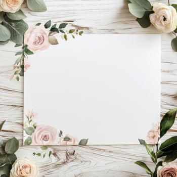 Elegant floral stationary with pink roses and green leaves on a wooden background. photo