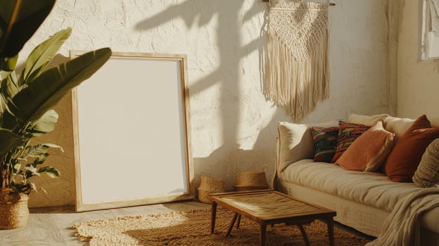 Bohemian-style living room with natural light and cozy decor. photo