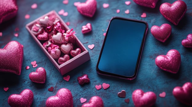 A vibrant Valentine's Day layout featuring a smartphone, a box of heart-shaped treats, and sparkling pink decorations scattered across a textured surface, perfect for promoting seasonal sales. photo