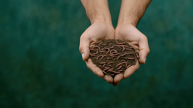 Hands Holding Earthworms With Soil Illustrating Organic Composting And Sustainable Food Waste Recycling Concept photo